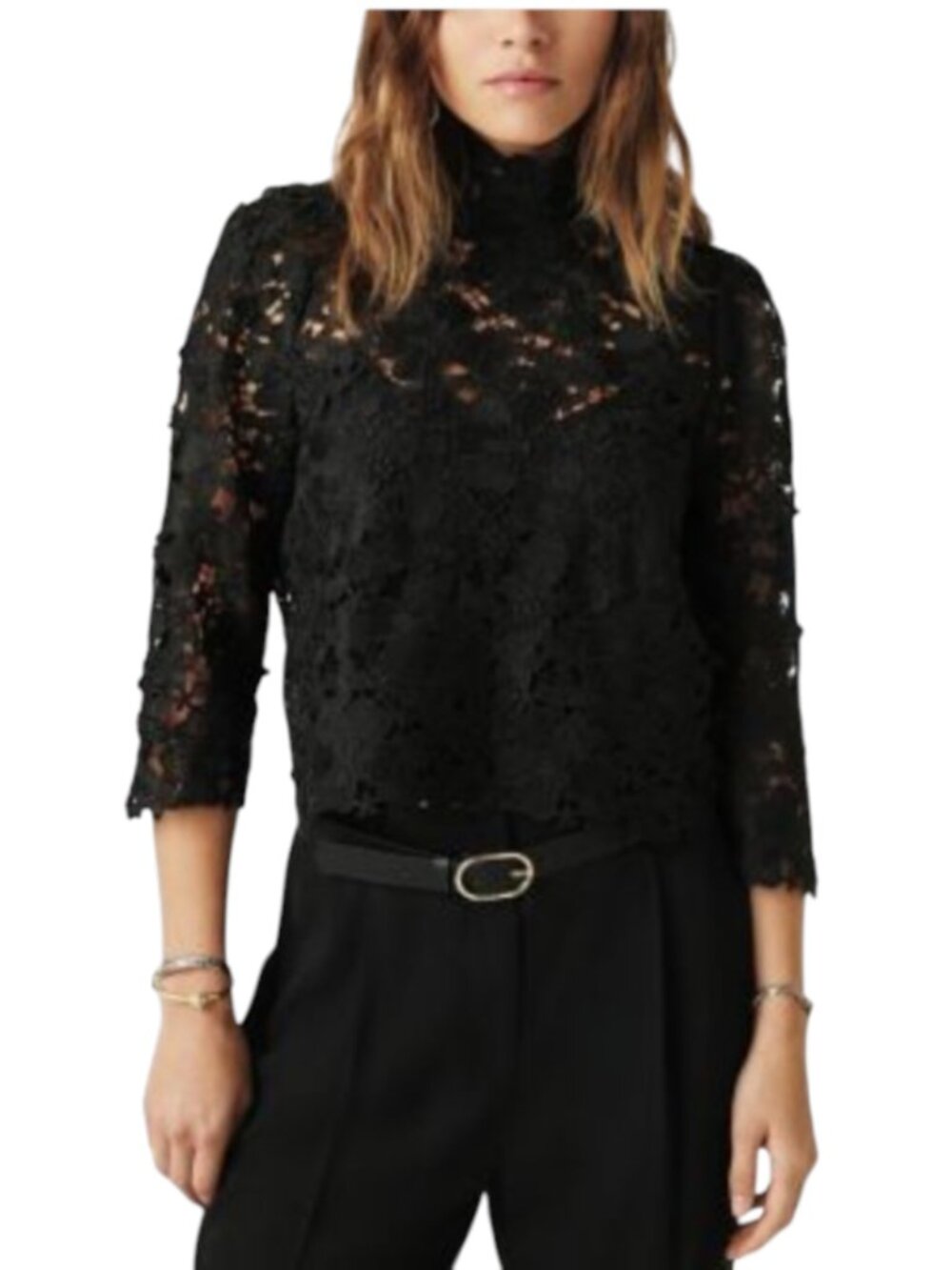 BA&SH Paul Lace Top Shirt Blouse Womens 2 US 6 Medium Black 3/4 Sleeve Mock Neck
